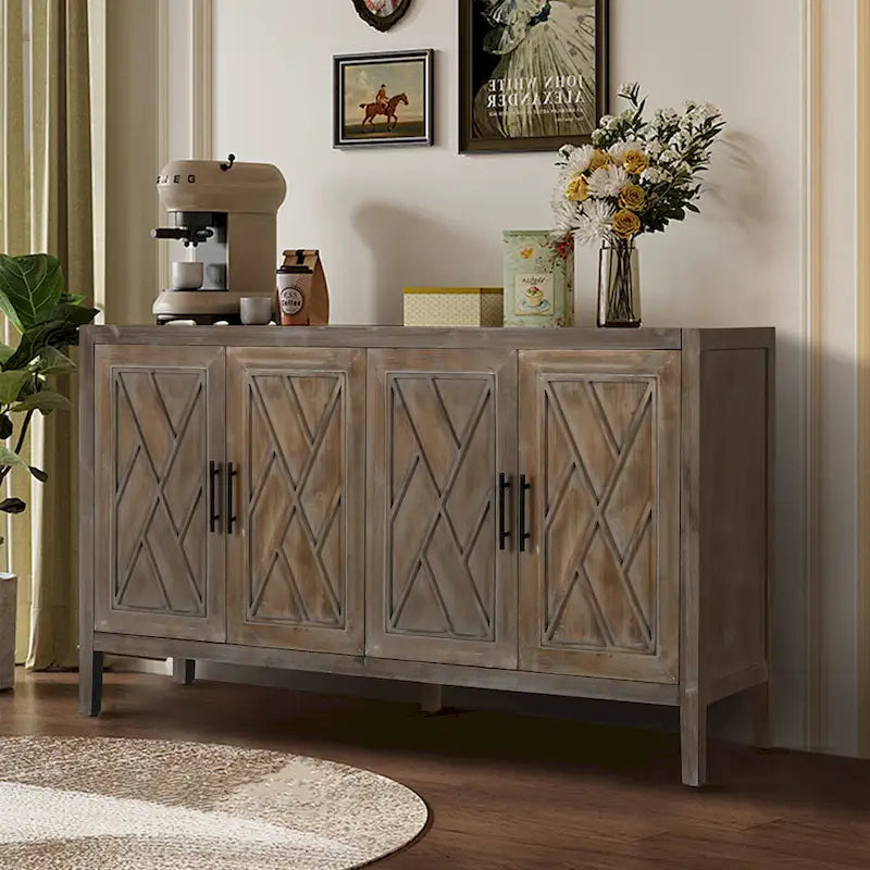 Credenza in Legno Anticata Nera/Marrone a 4 Ante con Ante Fantasia e Ripiano Regolabile