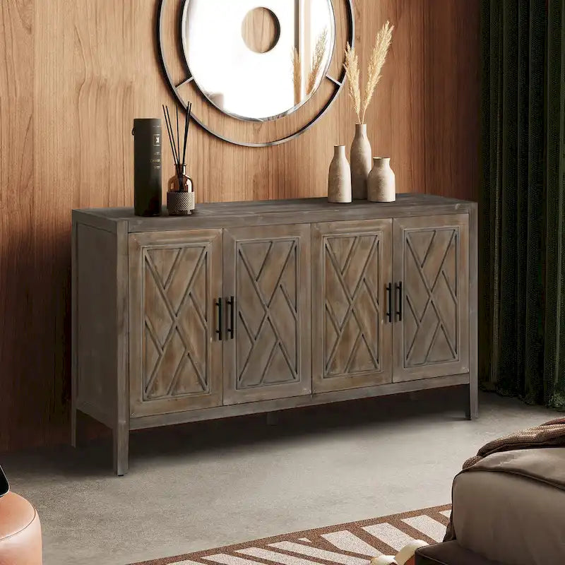 Credenza in Legno Anticata Nera/Marrone a 4 Ante con Ante Fantasia e Ripiano Regolabile