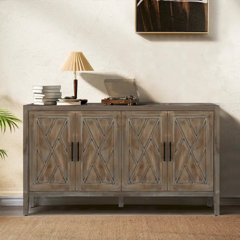 Credenza in Legno Anticata Nera/Marrone a 4 Ante con Ante Fantasia e Ripiano Regolabile