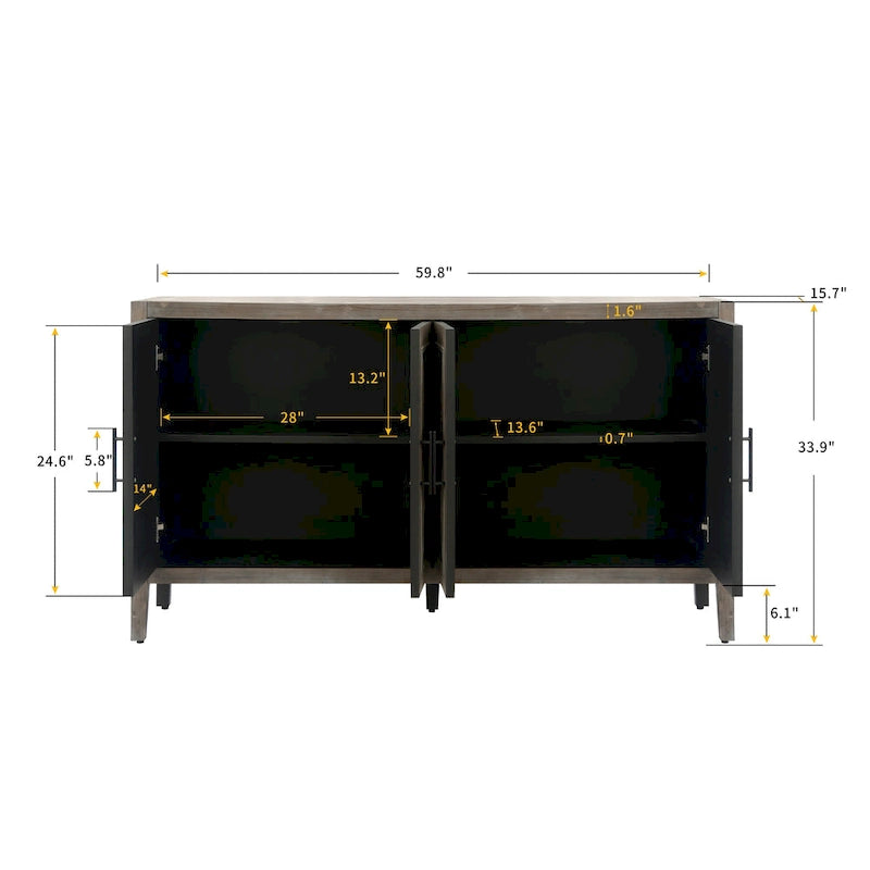 Credenza in Legno Anticata Nera/Marrone a 4 Ante con Ante Fantasia e Ripiano Regolabile