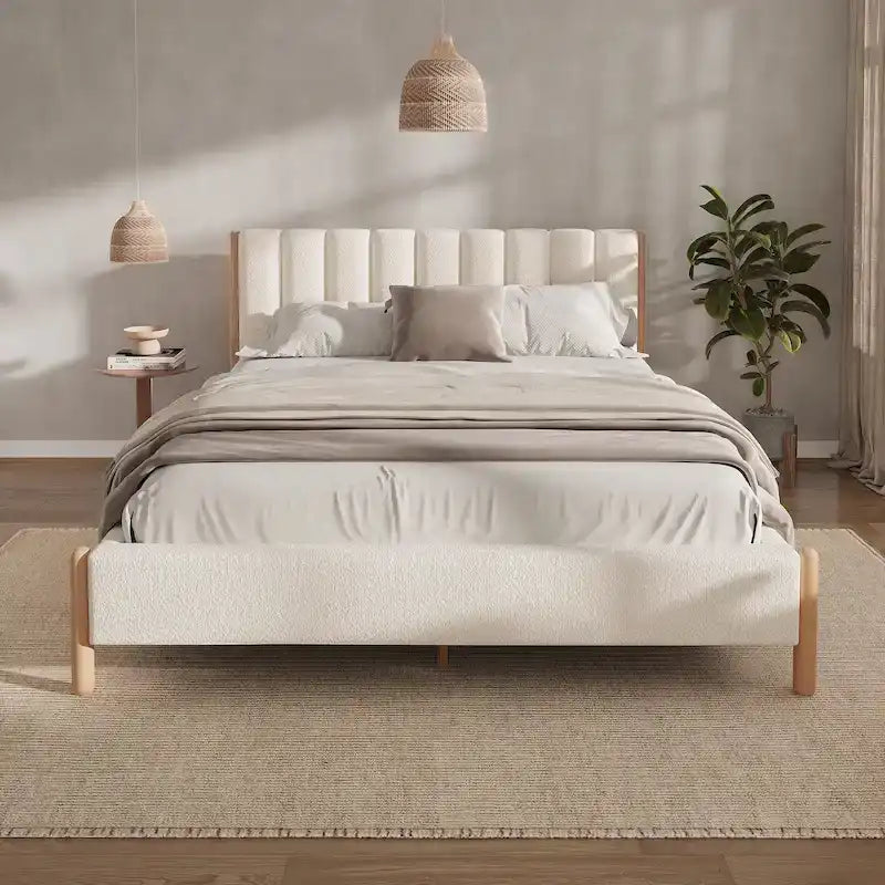 Struttura letto matrimoniale queen size imbottita bianca con gambe in legno (Singola)