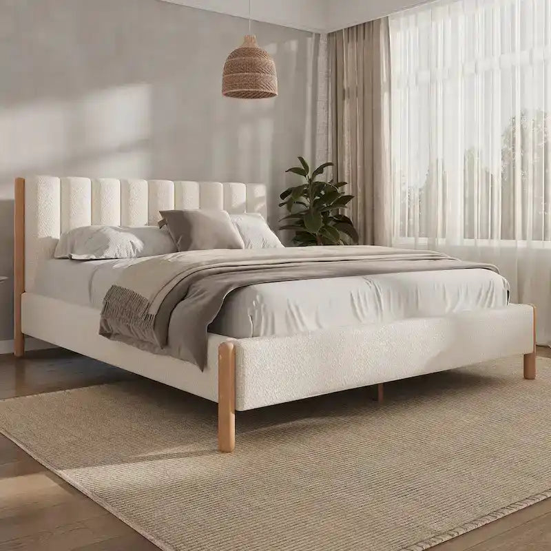 Struttura letto matrimoniale queen size imbottita bianca con gambe in legno (Singola)