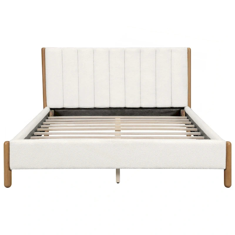 Struttura letto matrimoniale queen size imbottita bianca con gambe in legno (Singola)