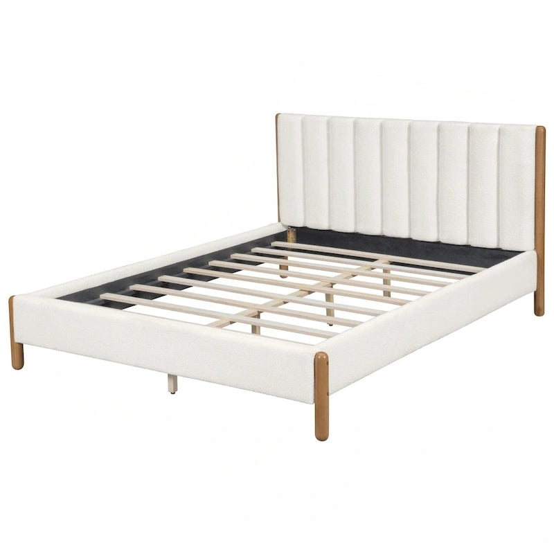 Struttura letto matrimoniale queen size imbottita bianca con gambe in legno (Singola)
