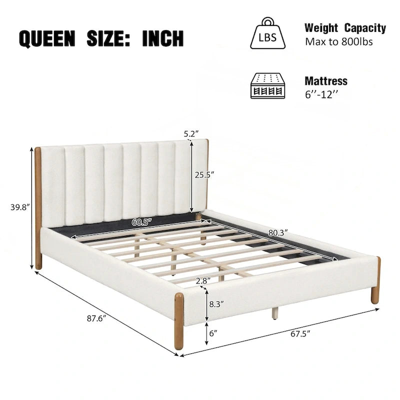 Struttura letto matrimoniale queen size imbottita bianca con gambe in legno (Singola)
