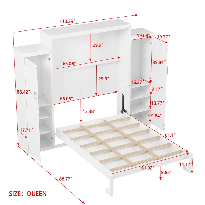 Letto a scomparsa matrimoniale a muro White Queen Size con 2 armadi e ripiano portaoggetti (Singolo)