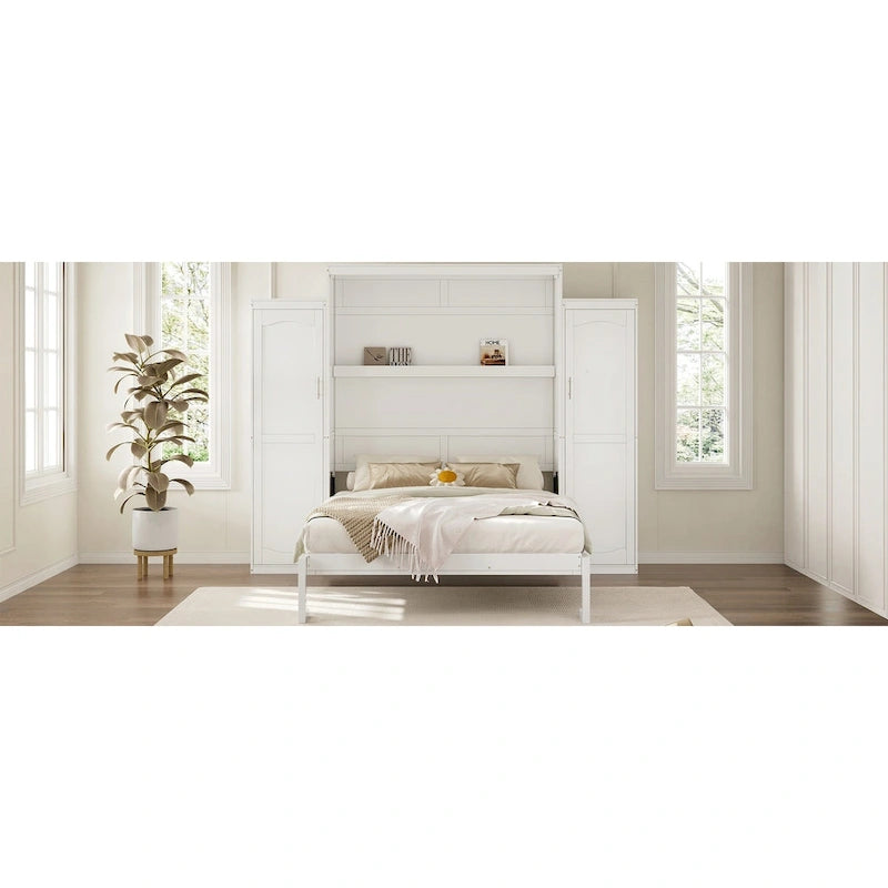 Letto a scomparsa matrimoniale a muro White Queen Size con 2 armadi e ripiano portaoggetti (Singolo)