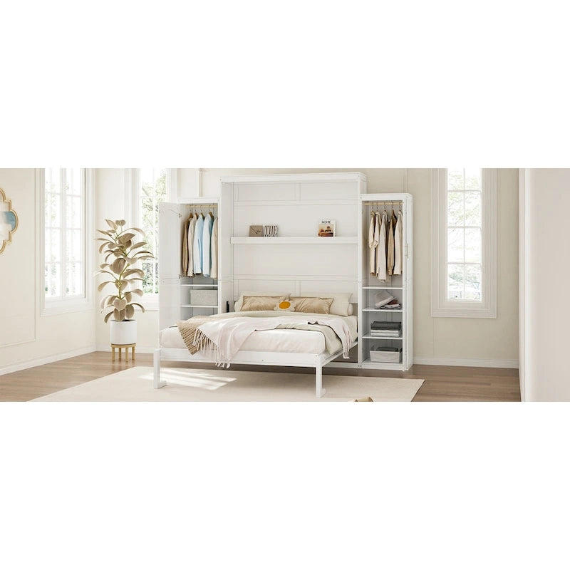 Letto a scomparsa matrimoniale a muro White Queen Size con 2 armadi e ripiano portaoggetti (Singolo)