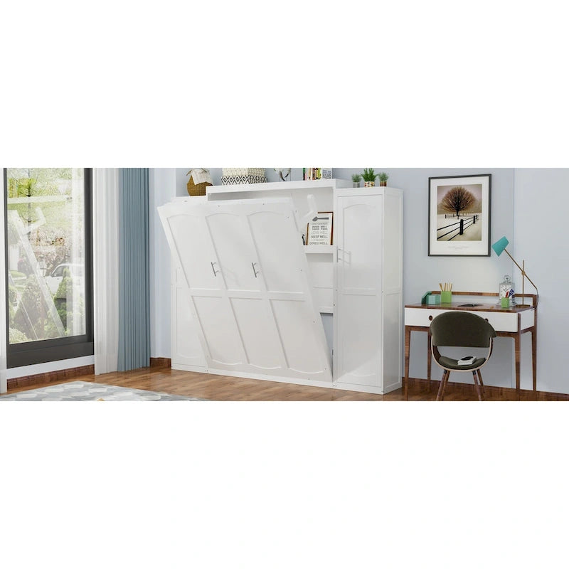 Letto a scomparsa matrimoniale a muro White Queen Size con 2 armadi e ripiano portaoggetti (Singolo)