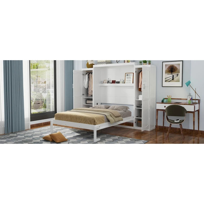 Letto a scomparsa matrimoniale a muro White Queen Size con 2 armadi e ripiano portaoggetti (Singolo)