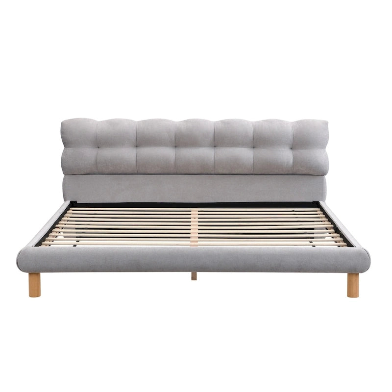 Letto a piattaforma King Size rivestito in ciniglia grigia con testiera rotonda a biscotto (Singolo)