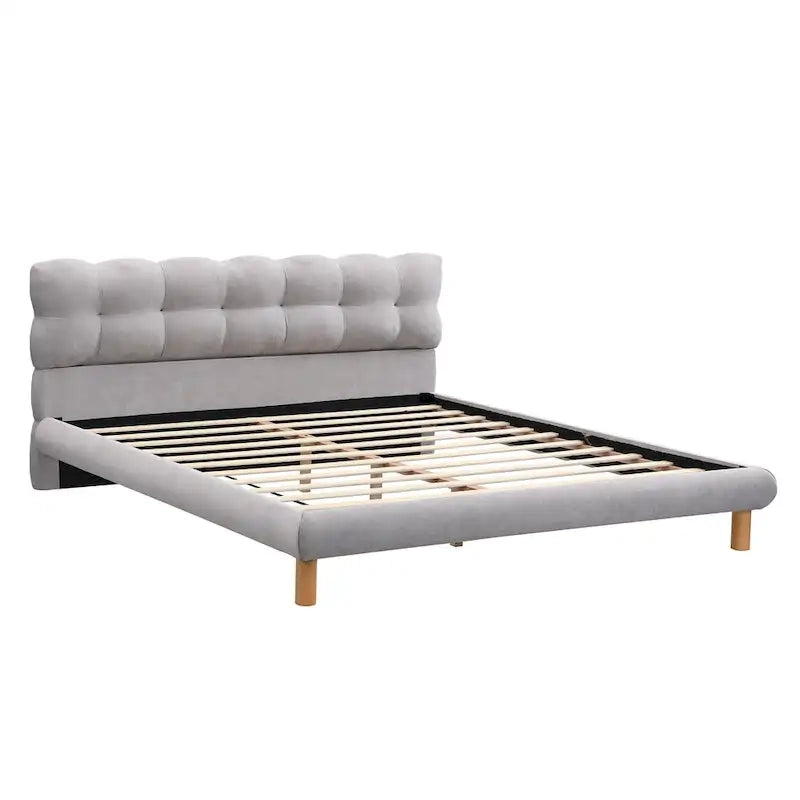 Letto a piattaforma King Size rivestito in ciniglia grigia con testiera rotonda a biscotto (Singolo)