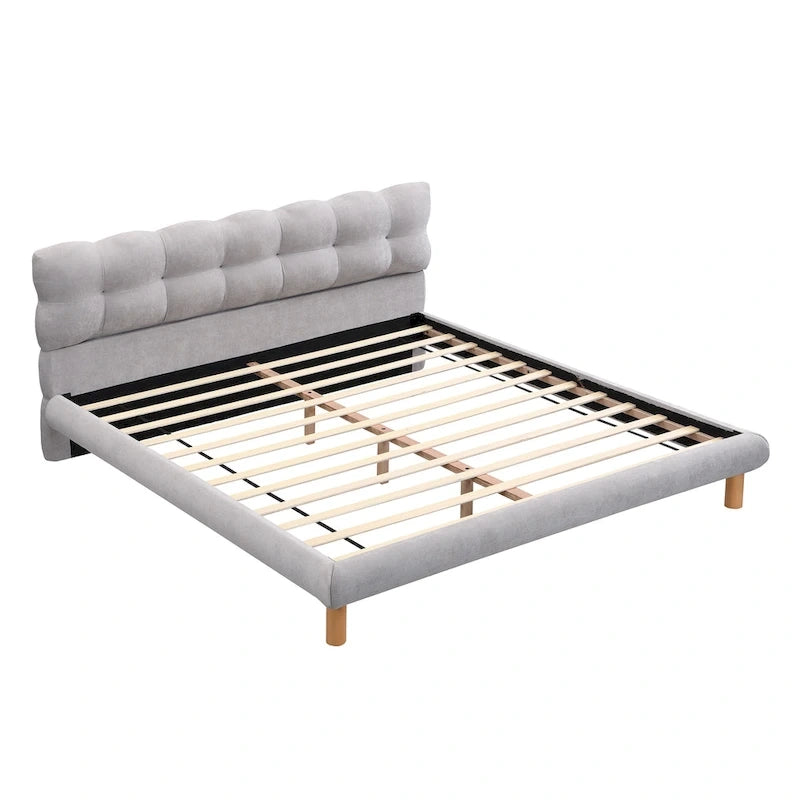 Letto a piattaforma King Size rivestito in ciniglia grigia con testiera rotonda a biscotto (Singolo)