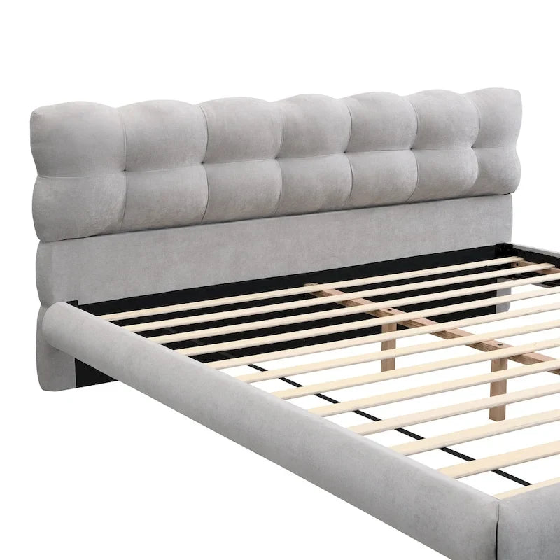Letto a piattaforma King Size rivestito in ciniglia grigia con testiera rotonda a biscotto (Singolo)