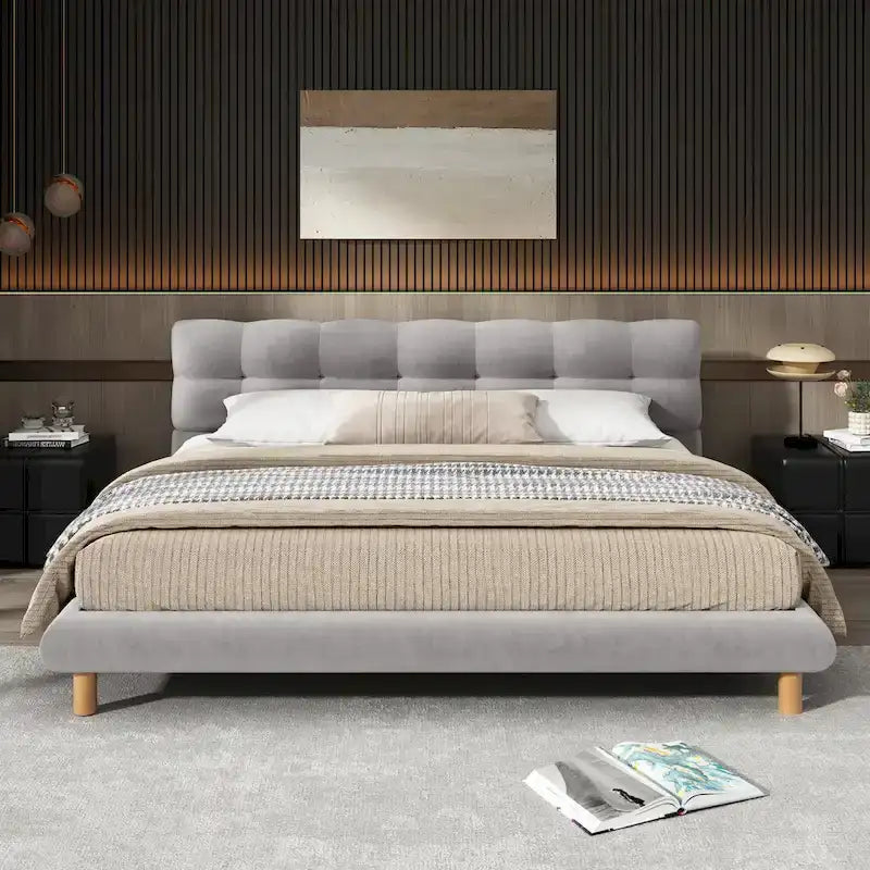 Letto a piattaforma King Size rivestito in ciniglia grigia con testiera rotonda a biscotto (Singolo)