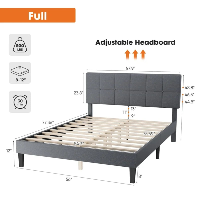 Letto a piattaforma imbottito in lino grigio/grigio scuro con testiera regolabile in memory foam (singolo / piazza e mezza / matrimoniale)