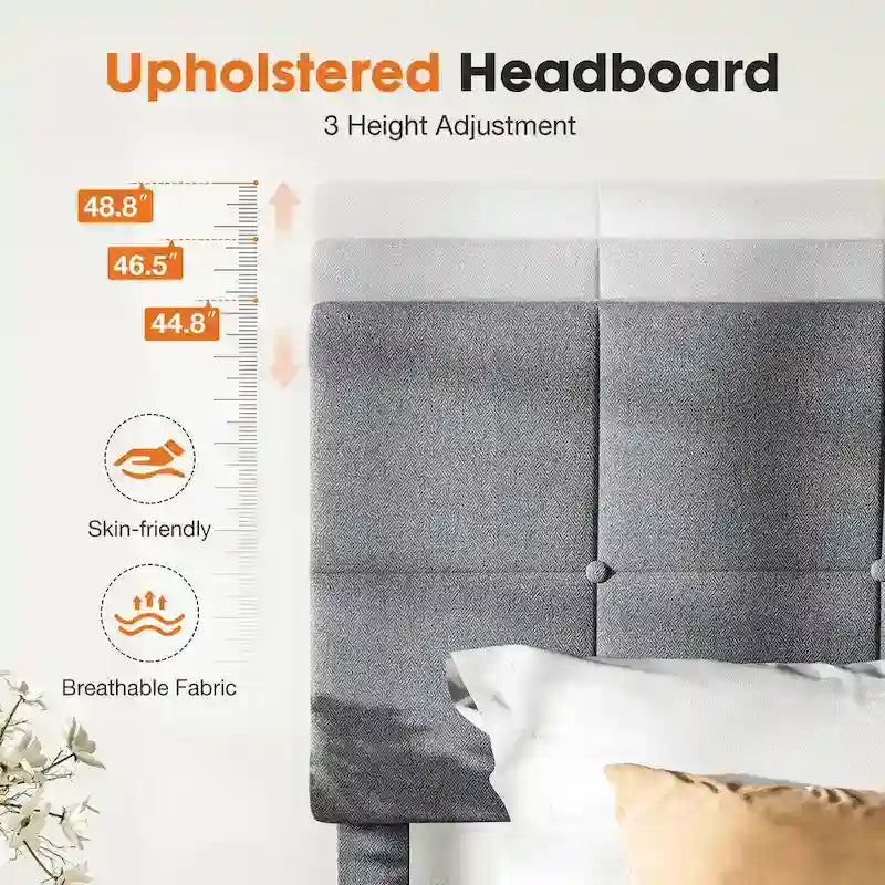 Letto a piattaforma imbottito in lino grigio/grigio scuro con testiera regolabile in memory foam (singolo / piazza e mezza / matrimoniale)
