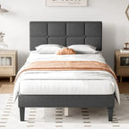 Letto a piattaforma imbottito in lino grigio/grigio scuro con testiera regolabile in memory foam (singolo / piazza e mezza / matrimoniale)