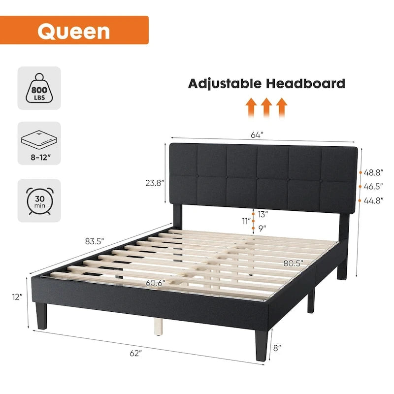 Letto a piattaforma imbottito in lino grigio/grigio scuro con testiera regolabile in memory foam (singolo / piazza e mezza / matrimoniale)