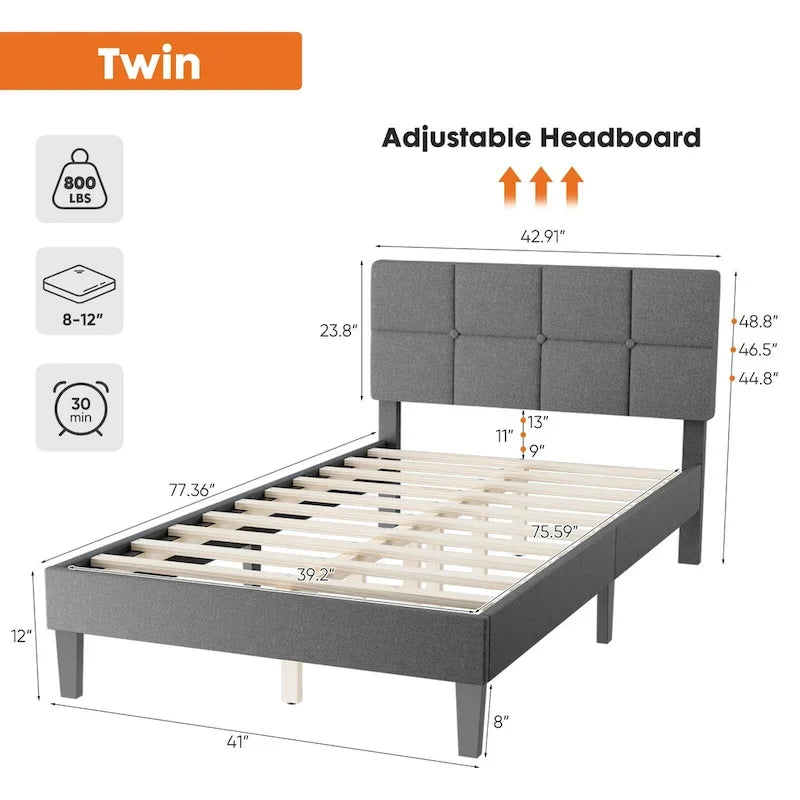 Letto a piattaforma imbottito in lino grigio/grigio scuro con testiera regolabile in memory foam (singolo / piazza e mezza / matrimoniale)