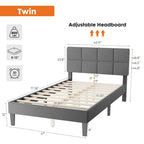 Letto a piattaforma imbottito in lino grigio/grigio scuro con testiera regolabile in memory foam (singolo / piazza e mezza / matrimoniale)