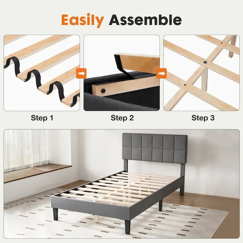 Letto a piattaforma imbottito in lino grigio/grigio scuro con testiera regolabile in memory foam (singolo / piazza e mezza / matrimoniale)