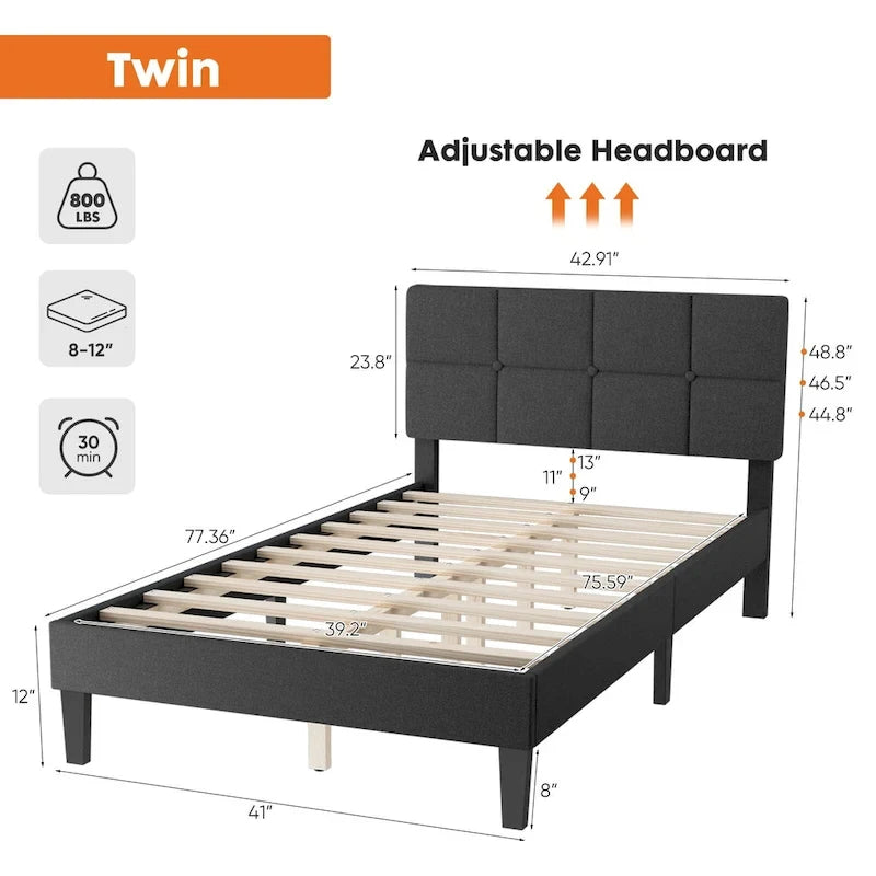 Letto a piattaforma imbottito in lino grigio/grigio scuro con testiera regolabile in memory foam (singolo / piazza e mezza / matrimoniale)