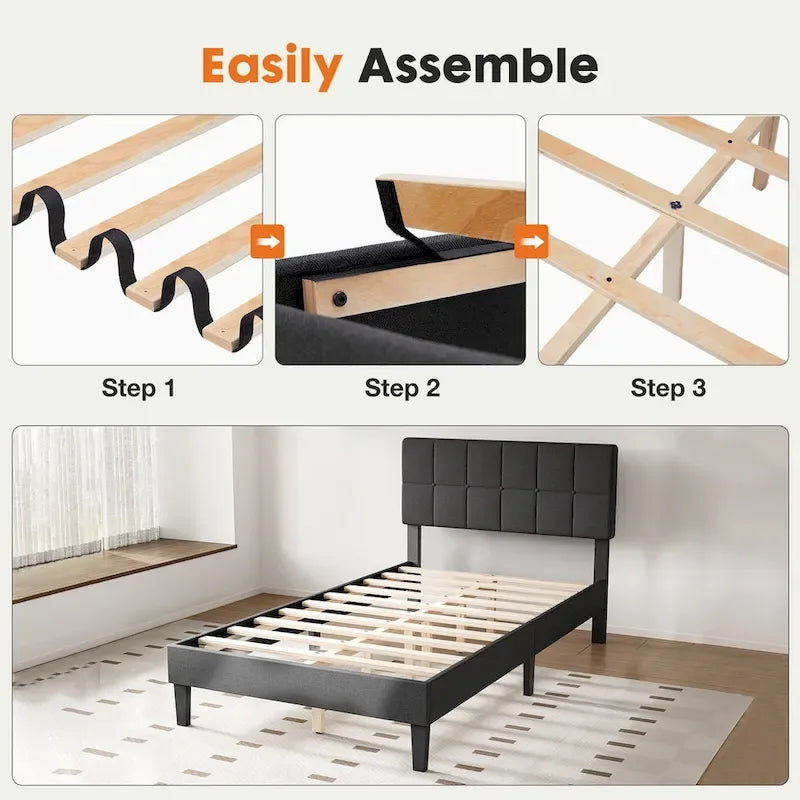 Letto a piattaforma imbottito in lino grigio/grigio scuro con testiera regolabile in memory foam (singolo / piazza e mezza / matrimoniale)