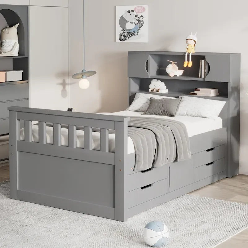 Letto a piattaforma singolo grigio Captain con 4 cassetti, testiera a libreria e ripiani (singolo)