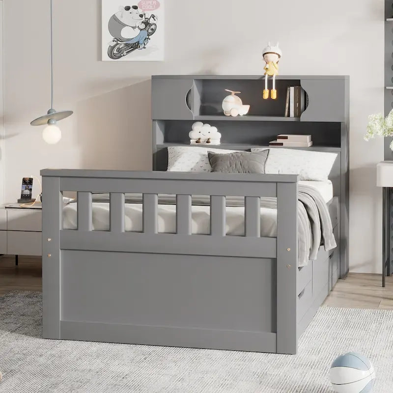 Letto a piattaforma singolo grigio Captain con 4 cassetti, testiera a libreria e ripiani (singolo)