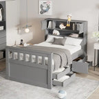 Letto a piattaforma singolo grigio Captain con 4 cassetti, testiera a libreria e ripiani (singolo)