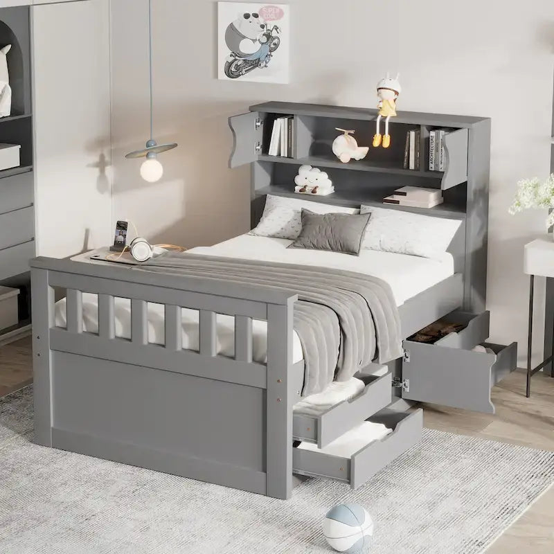 Letto a piattaforma singolo grigio Captain con 4 cassetti, testiera a libreria e ripiani (singolo)