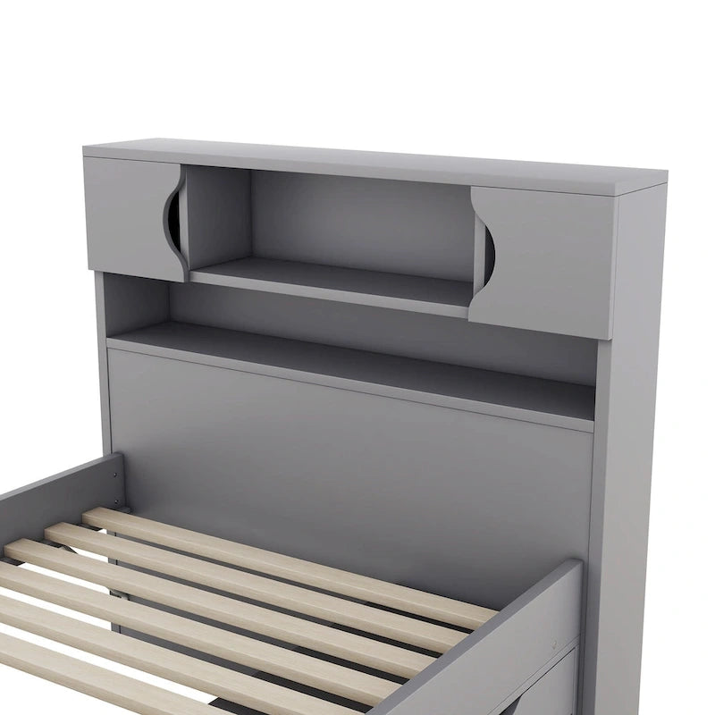 Letto a piattaforma singolo grigio Captain con 4 cassetti, testiera a libreria e ripiani (singolo)