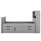 Letto a piattaforma singolo grigio Captain con 4 cassetti, testiera a libreria e ripiani (singolo)