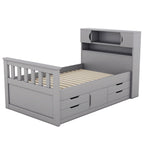 Letto a piattaforma singolo grigio Captain con 4 cassetti, testiera a libreria e ripiani (singolo)
