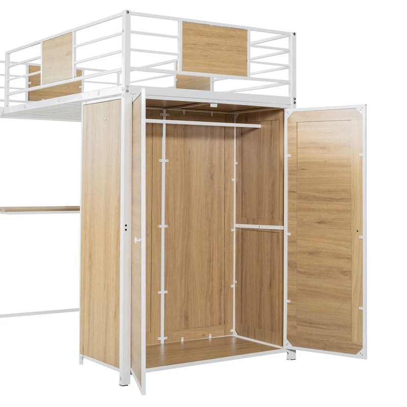 White Twin Size Metal Wood Loft bed with L-shape Desk, Wardrobe, Fence and Ladder