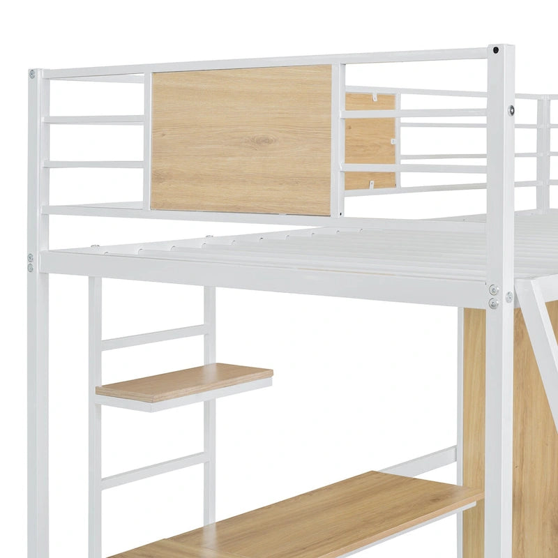 Letto a soppalco singolo bianco in metallo e legno con scrivania a L, armadio e scaletta