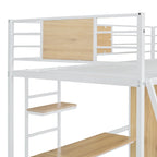 Letto a soppalco singolo bianco in metallo e legno con scrivania a L, armadio e scaletta