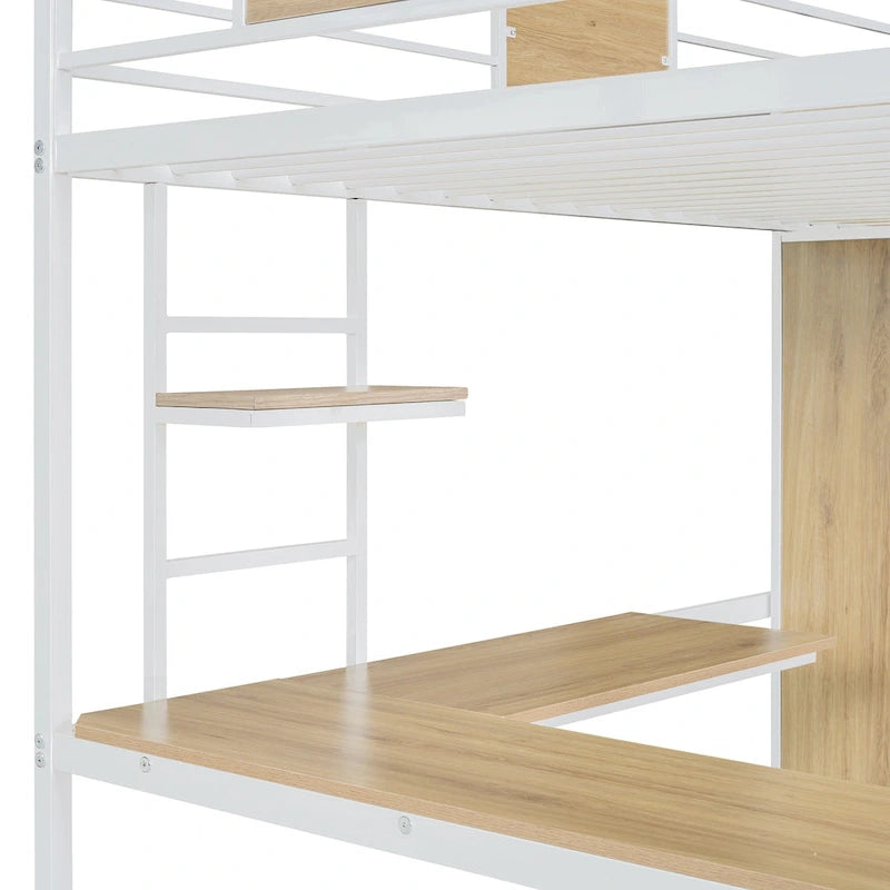 Letto a soppalco singolo bianco in metallo e legno con scrivania a L, armadio e scaletta