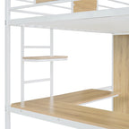 Letto a soppalco singolo bianco in metallo e legno con scrivania a L, armadio e scaletta