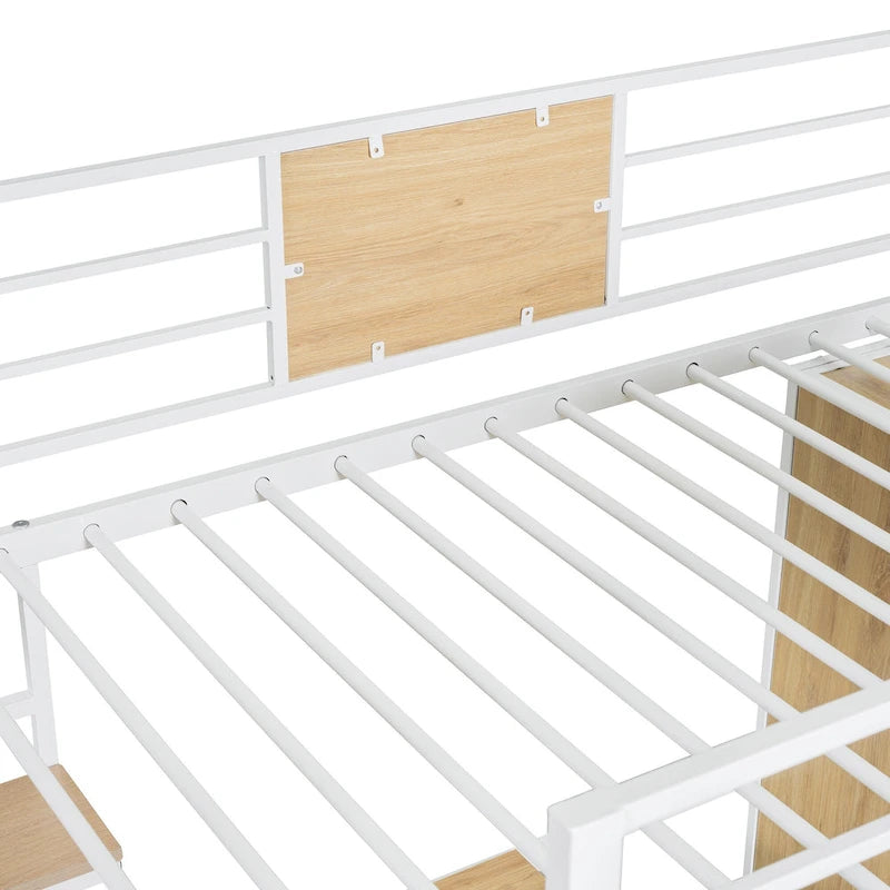 Letto a soppalco singolo bianco in metallo e legno con scrivania a L, armadio e scaletta