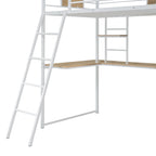 Letto a soppalco singolo bianco in metallo e legno con scrivania a L, armadio e scaletta