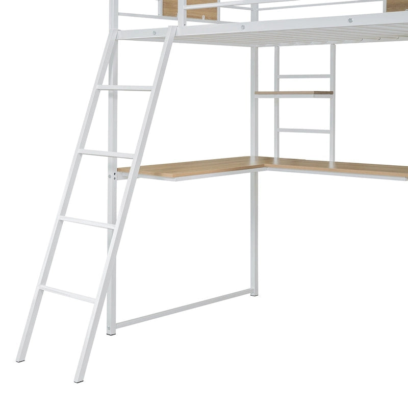 Letto a soppalco singolo bianco in metallo e legno con scrivania a L, armadio e scaletta