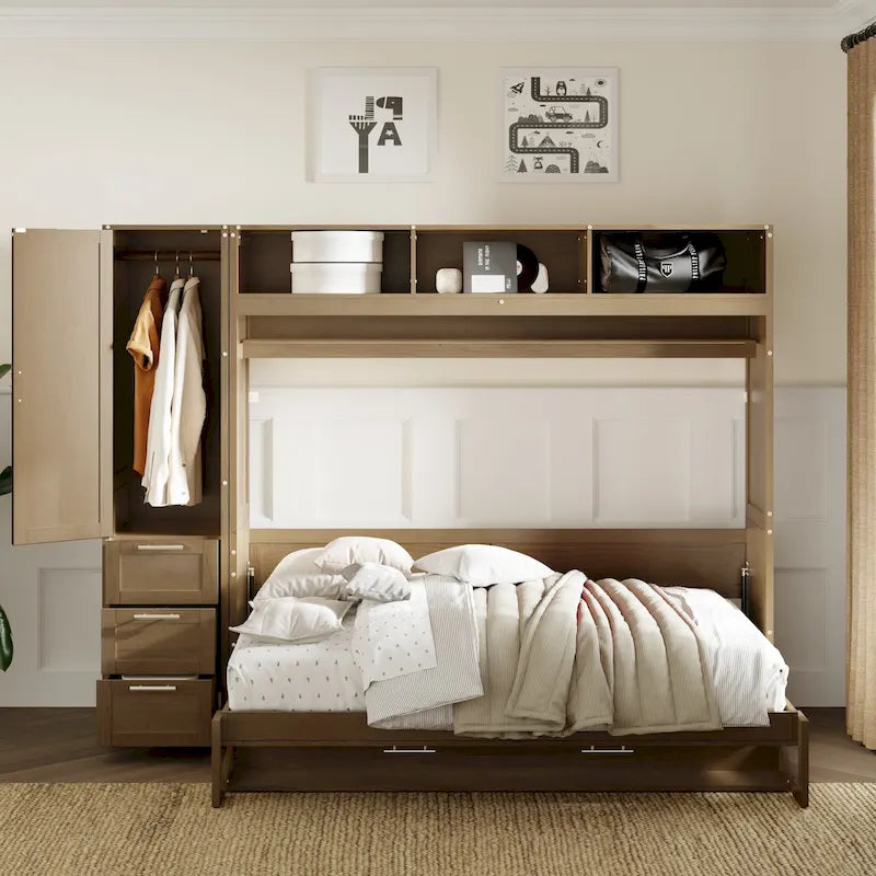 Letto a scomparsa in legno naturale di dimensioni standard con armadio, 3 cassetti e ripiani (singolo)