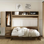 Letto a scomparsa in legno naturale di dimensioni standard con armadio, 3 cassetti e ripiani (singolo)