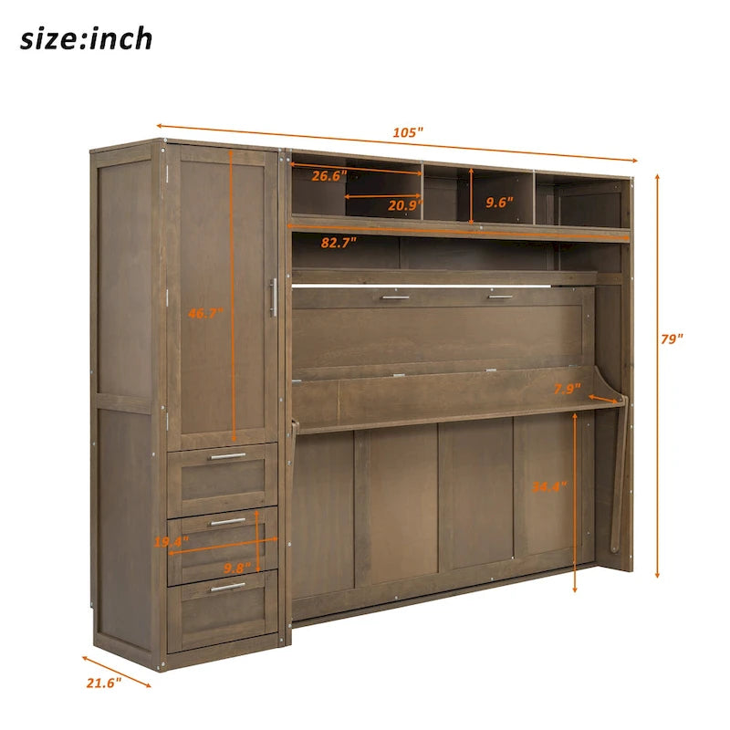 Letto a scomparsa in legno naturale di dimensioni standard con armadio, 3 cassetti e ripiani (singolo)