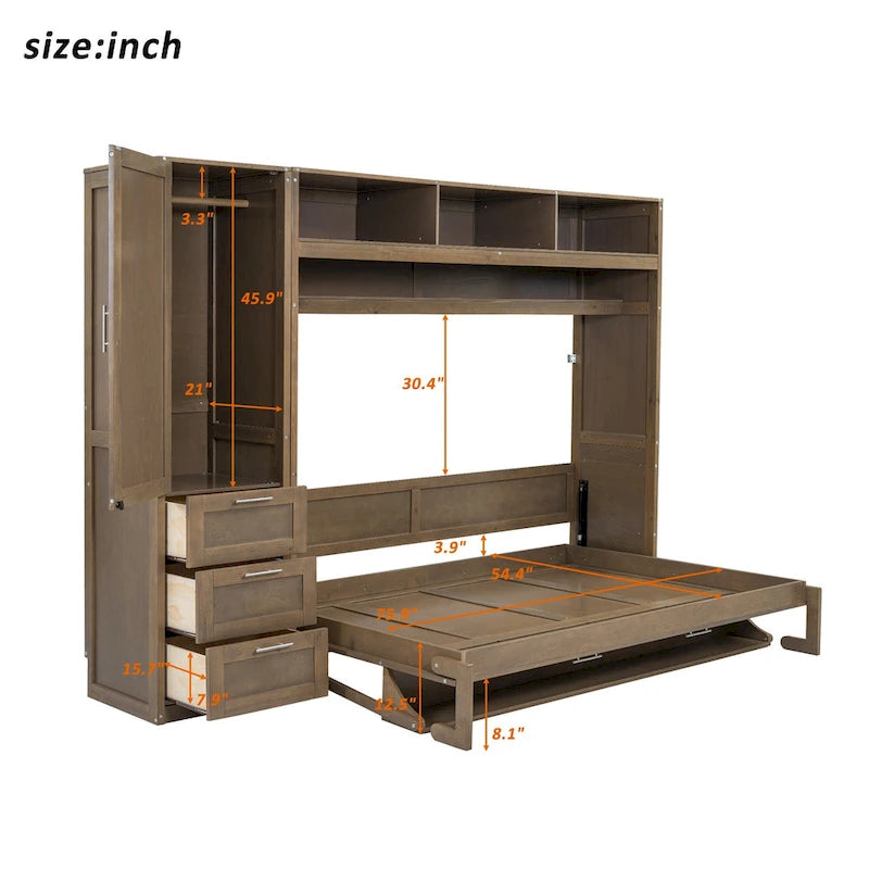 Letto a scomparsa in legno naturale di dimensioni standard con armadio, 3 cassetti e ripiani (singolo)