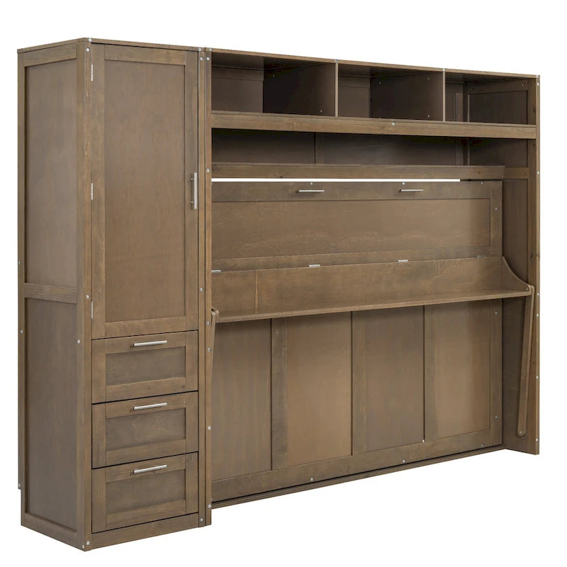 Letto a scomparsa in legno naturale di dimensioni standard con armadio, 3 cassetti e ripiani (singolo)