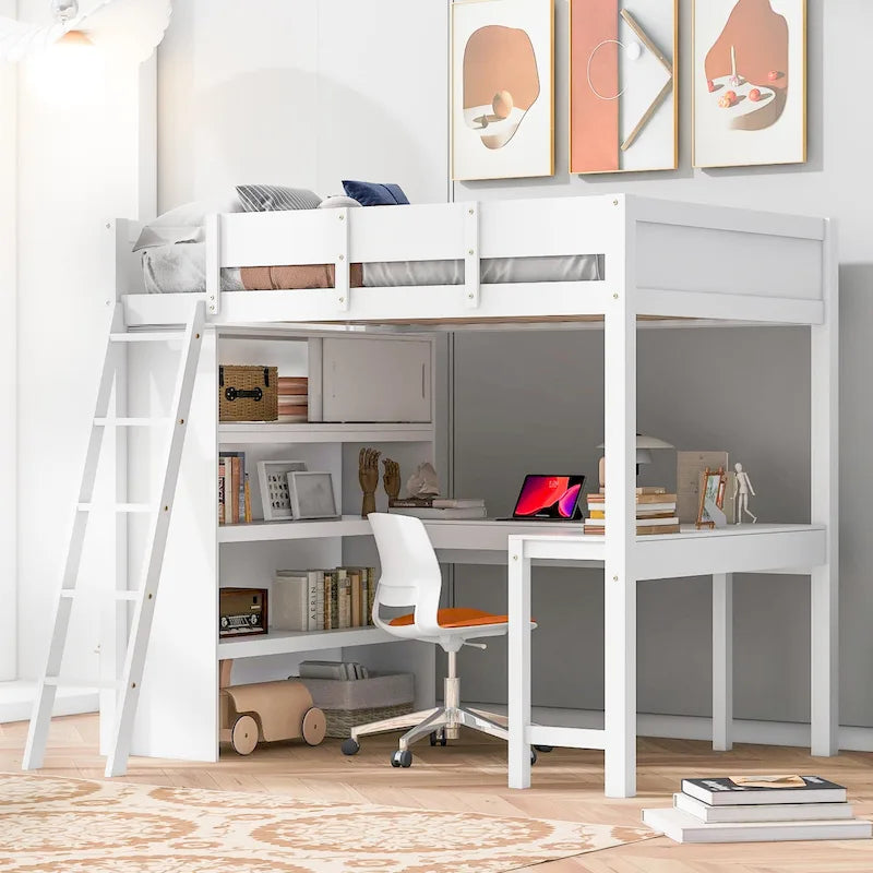 Letto a soppalco singolo in legno di pino massello grigio/bianco con scrivania e mensole