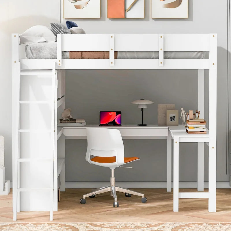 Letto a soppalco singolo in legno di pino massello grigio/bianco con scrivania e mensole